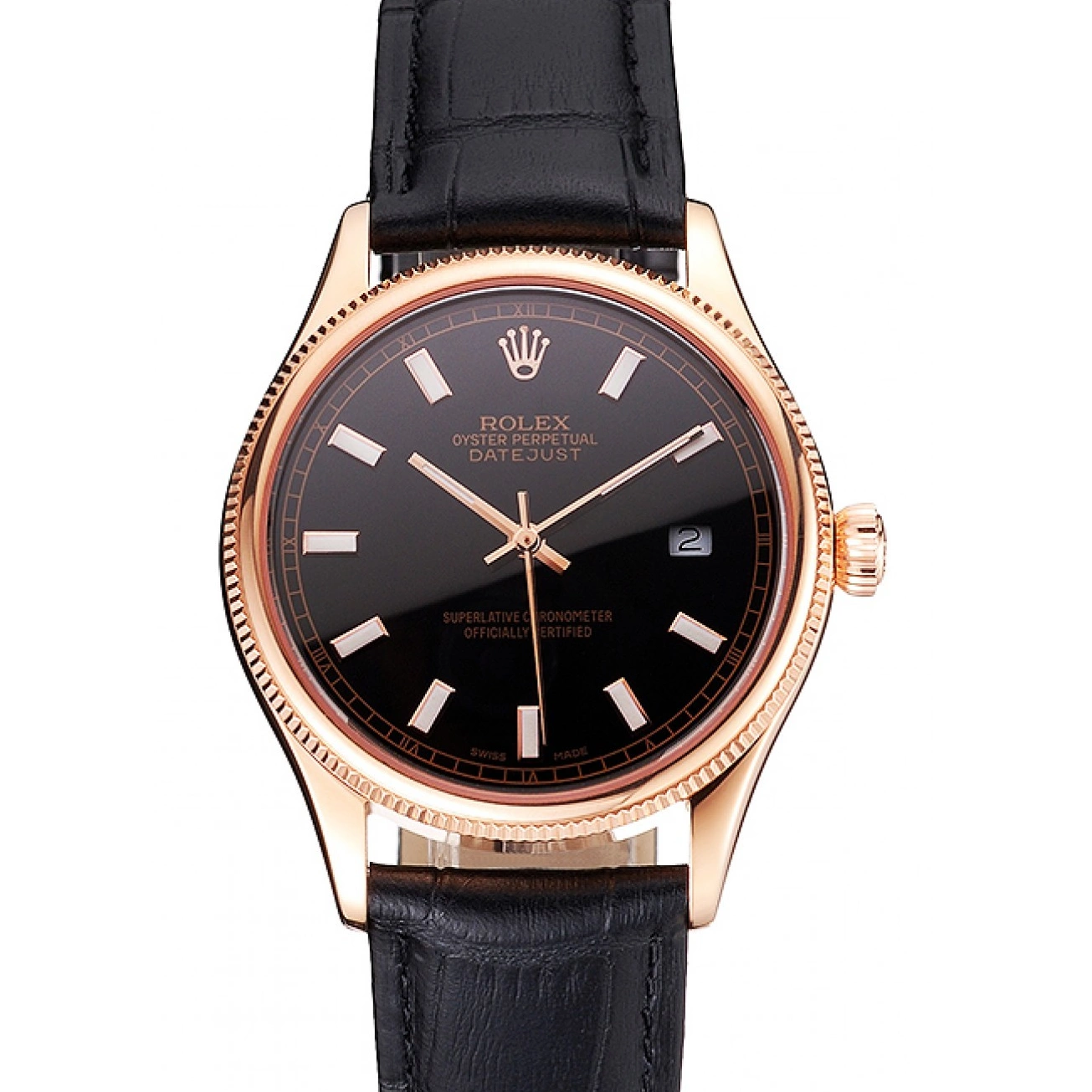 Best AAA Replica Sites Case Gold Rose Swiss Black Strap Black Rolex Dial Datejust Leather 0629